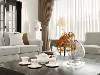 Living Room Interior Design With Light Gray Sofa Coffee Table Tea Set And Orange Flowers 3d model