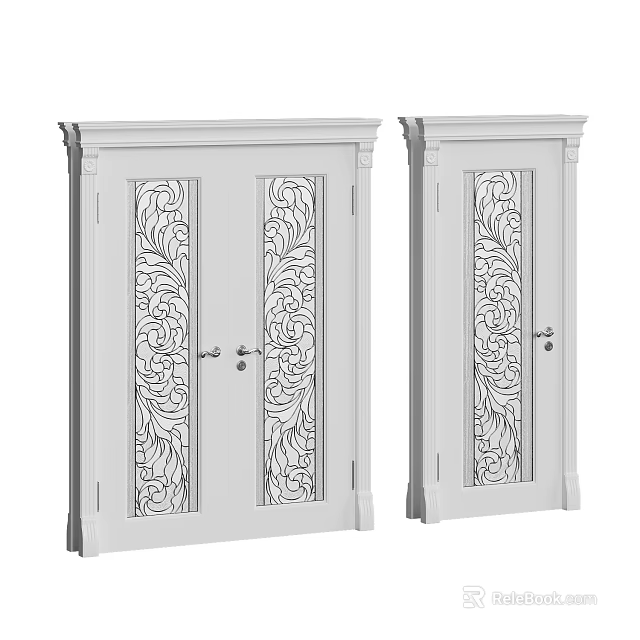 Elegant Double Doors With Intricate Glass Patterns And White Wooden Frames 3d model 