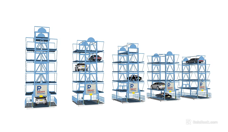 Multi Level Mechanical Parking Garage with Multiple Blue Structures and Cars Parked on Each Floor 3d model 