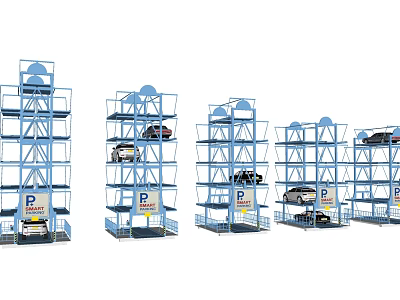Multi Level Mechanical Parking Garage with Multiple Blue Structures and Cars Parked on Each Floor 3d model