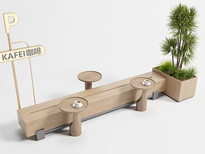 Wooden Outdoor Leisure Chair With Small Round Tables Coffee Sign And Potted Plant 3d model