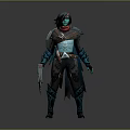 Game Fantasy Warrior Character With Teal Skin Black Hair Red Scarf Armor Holding Large Axe