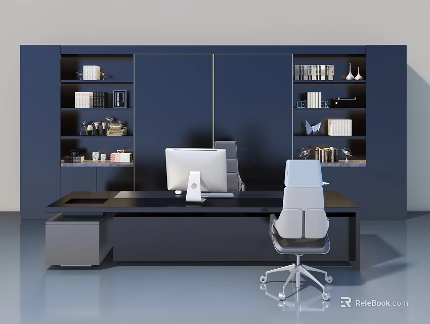 Modern Office Dark Blue Swing Door Cabinet With Bookshelves And Desk 3d model 