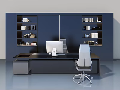 Modern Office Dark Blue Swing Door Cabinet With Bookshelves And Desk 3d model