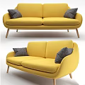 Modern Yellow Fabric Sofa With Gray Decorative Pillows And Wooden Legs