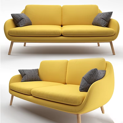 Modern Yellow Fabric Sofa With Gray Decorative Pillows And Wooden Legs 3d model