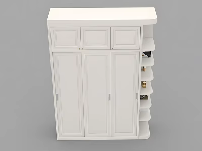 White Three Door Wardrobe With Top Storage Cabinets And Side Shelves Modern Design 3d model