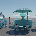 Round Turquoise Outdoor Bar with White Bar Stools Umbrellas and Hanging Lights in Casual Setting