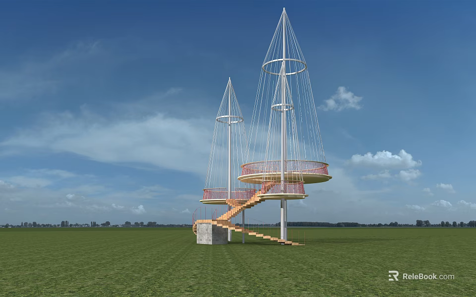 Roadside Observation Structure With Two White Conical Towers Red Circular Platform And Orange Spiral Staircase 3d model 