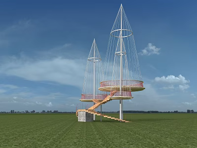 Roadside Observation Structure With Two White Conical Towers Red Circular Platform And Orange Spiral Staircase 3d model