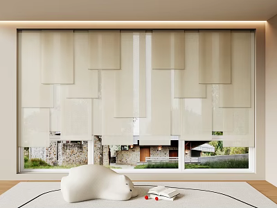 Modern Minimalist Beige Paneled Curtain For Indoor Window With Natural Light And Green View 3d model