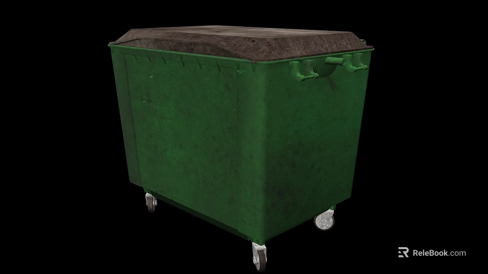 Public Facility Green Trash Bin With Lid And Wheels For Waste Management 3d model 