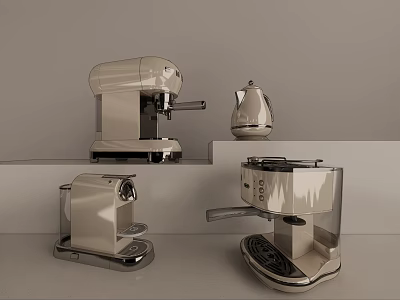 Modern Kitchen Appliances With Coffee Maker Kettle And Metallic Small Devices On Countertop 3d model