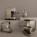 Modern Kitchen Appliances With Coffee Maker Kettle And Metallic Small Devices On Countertop
