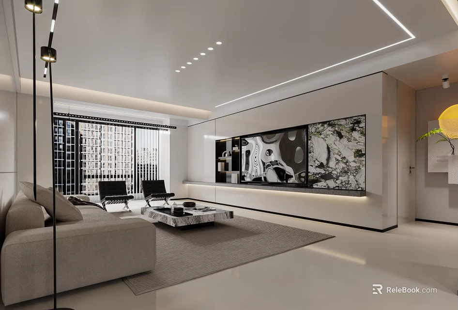 Modern Living-Dining Room Interior Design With Sofa Coffee Table TV Wall and Pendant Lights 3d model 