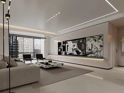 Modern Living-Dining Room Interior Design With Sofa Coffee Table TV Wall and Pendant Lights 3d model