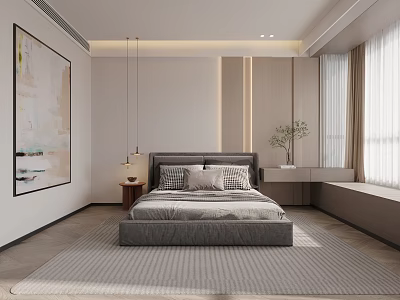 Modern Bedroom Interior Featuring Gray Bed Area Rug Abstract Wall Art Curtains And Window Plant 3d model