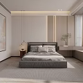 Modern Bedroom Interior Featuring Gray Bed Area Rug Abstract Wall Art Curtains And Window Plant