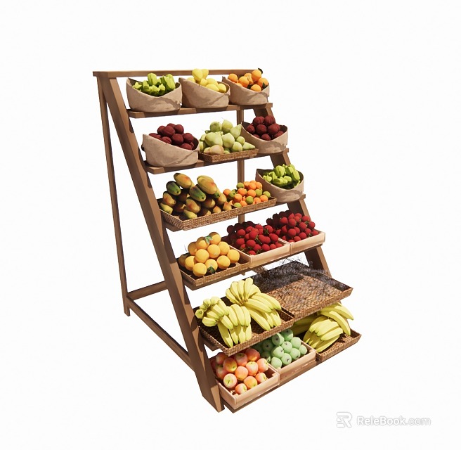 Decorative Wooden Multi Tiered Fruit Stand With Baskets Holding Various Fresh Fruits For Home Decor 3d model 
