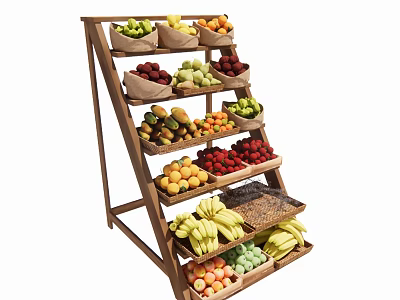 Decorative Wooden Multi Tiered Fruit Stand With Baskets Holding Various Fresh Fruits For Home Decor 3d model