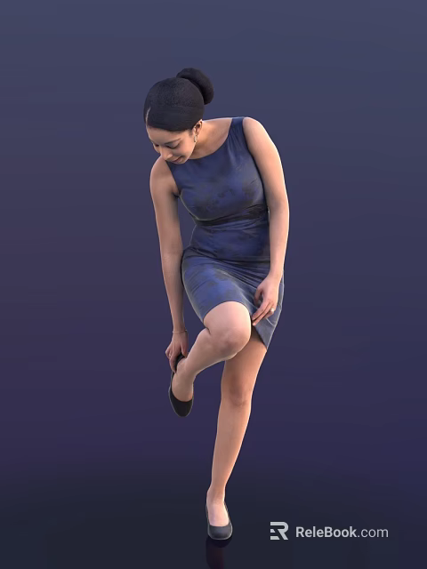 A Woman in Blue Dress Lifting One Leg and Adjusting Shoe Against Dark Blue Background 3d model 