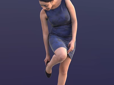 A Woman in Blue Dress Lifting One Leg and Adjusting Shoe Against Dark Blue Background 3d model