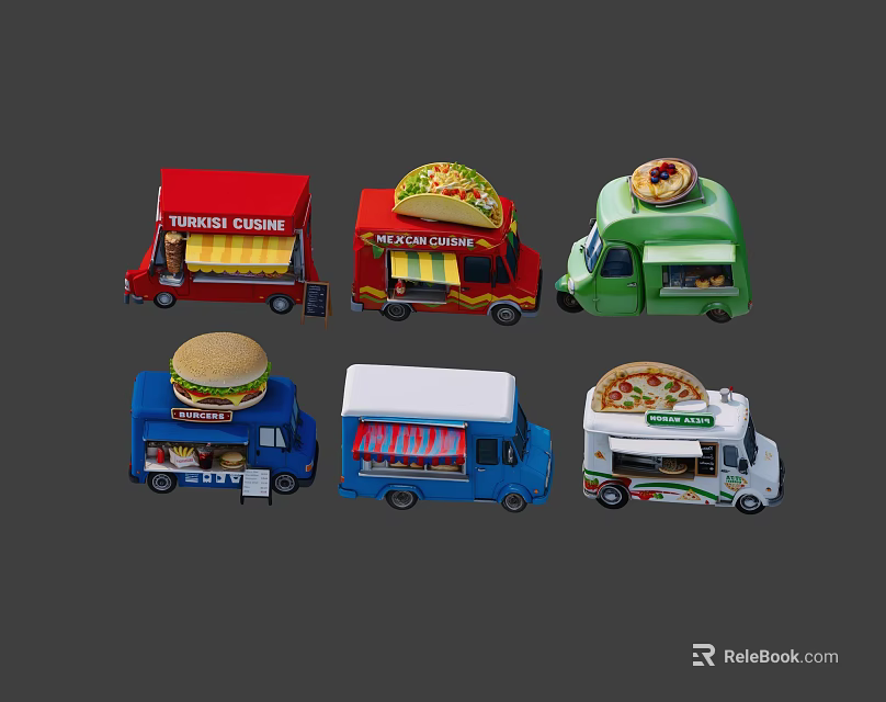 Colorful Food Truck Models With Various Cuisine Themes And Food Logos 3d model 