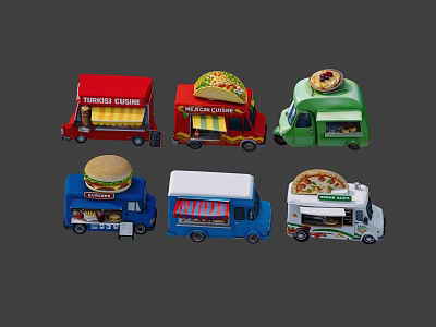 Colorful Food Truck Models With Various Cuisine Themes And Food Logos 3d model