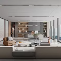 Modern Spacious Office Interior Design With Sofa Work Desk And Large Windows 3d model
