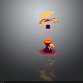 Artistic Red Lamp Installation Displaying Goldfish With Yellow Wings And Red Reflective Base