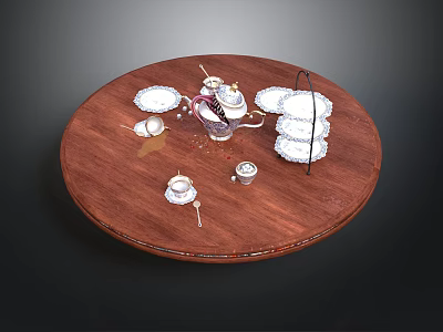 Wooden Round Tray With Tea Set Teacups Teapot Saucers And Tiered Rack 3d model