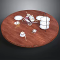 Wooden Round Tray With Tea Set Teacups Teapot Saucers And Tiered Rack