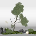 Natural Garden Ornaments Featuring Curved Tree Rocks Small Bushes Grass Flowers And Decorative Light