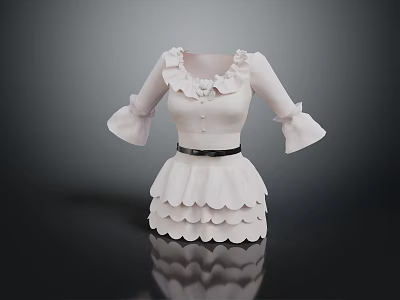 Elegant White Ruffled Dress With Collar Cuffs Black Belt And Layered Skirt 3d model