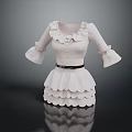 Elegant White Ruffled Dress With Collar Cuffs Black Belt And Layered Skirt
