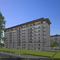Modern Residential Building With Contemporary Exterior Green Lawn Trees And Fountain