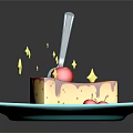 Caramel Cake Topped With Cherry And Sauce On Blue Plate With Green Leaves And Sparkles