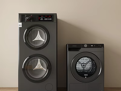 Modern Black Washing Machines Double Drum and Single Drum Home Interior with Wooden Floor 3d model