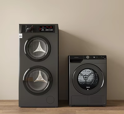 Modern Black Washing Machines Double Drum and Single Drum Home Interior with Wooden Floor 3d model