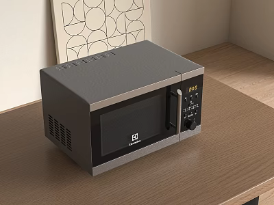 Gray Sleek Microwave Oven on Wooden Tabletop in Modern Kitchen with Decorative Art 3d model