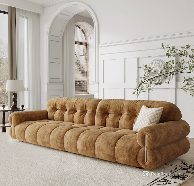 Brown Tufted Large Sofa With White Pillow In Room With Arch Window And Green Plant 3d model 