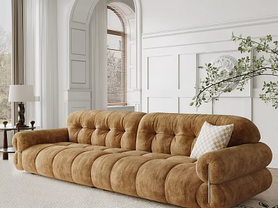 Brown Tufted Large Sofa With White Pillow In Room With Arch Window And Green Plant 3d model