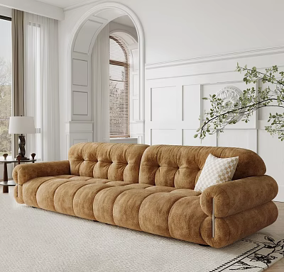 Brown Tufted Large Sofa With White Pillow In Room With Arch Window And Green Plant 3d model