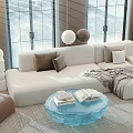 Light Beige Fabric Sofa with Pillows and Blue Ice Shaped Coffee Table Set 3d model