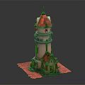 Cartoon Style Whimsical Tower With Red Roof Small House And Ornate Windows On Red Base
