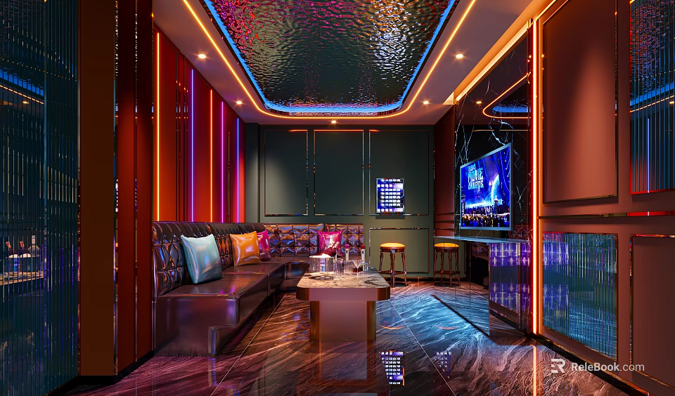 Luxury KTV Interior Design With Comfortable Sofa TV Screen And Modern Lighting Features 3d model 