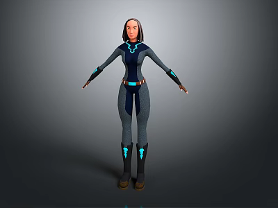 Game Movie Female Character 3D Model Dark Bodysuit with Blue Glowing Accents Standing Arms Outstretched 3d model