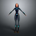 Game Movie Female Character 3D Model Dark Bodysuit with Blue Glowing Accents Standing Arms Outstretched