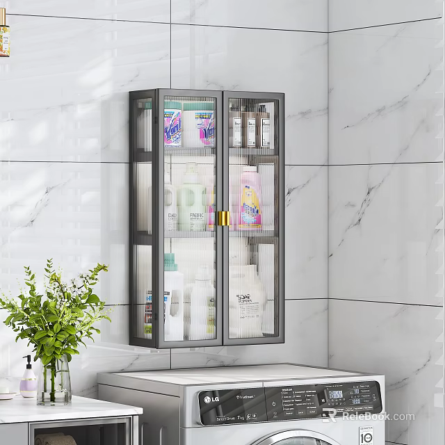 Modern Bathroom Washbasin With Glass Cabinet Toiletries Marble Wall And Green Plant 3d model 