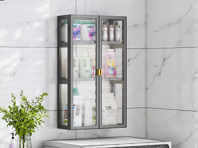 Modern Bathroom Washbasin With Glass Cabinet Toiletries Marble Wall And Green Plant 3d model